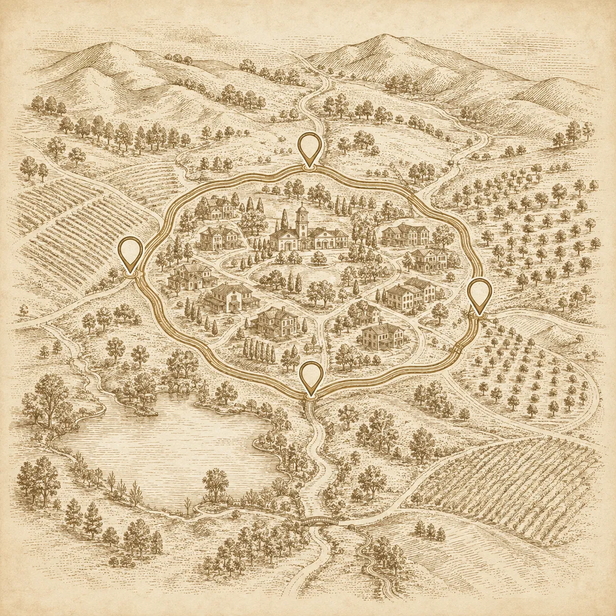 Illustrated area map of Harveston